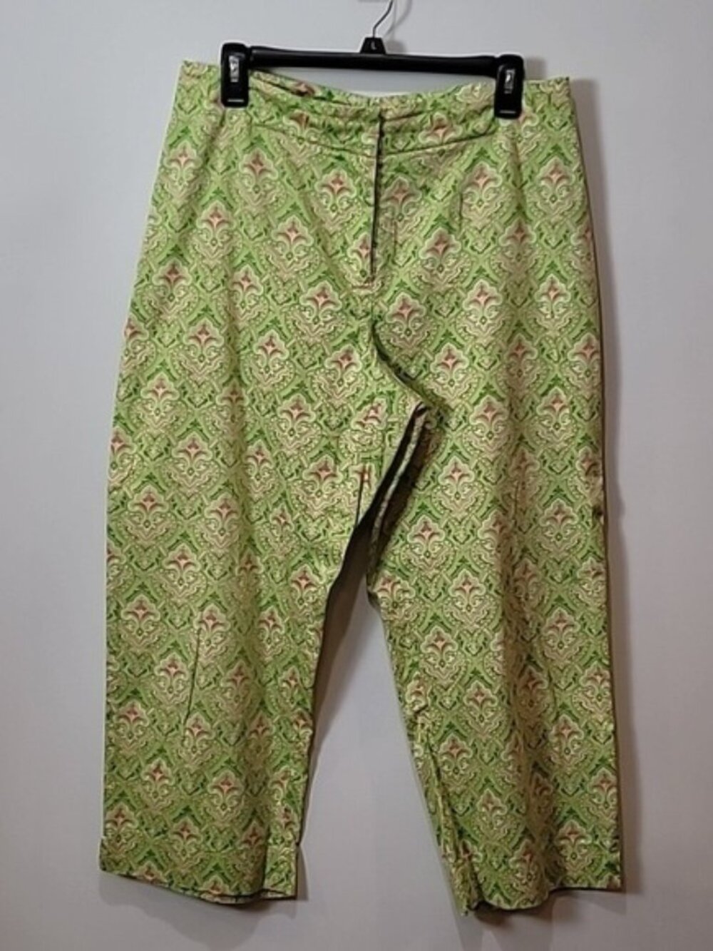 Elliott Lauren Green Damask Cropped Stretch Pants Size 12 Made in USA Grandmille